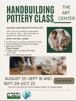 Handbuilding Pottery Class flyer — Tuesdays and Fridays 5:30–8:30 PM, August 25 through September 18